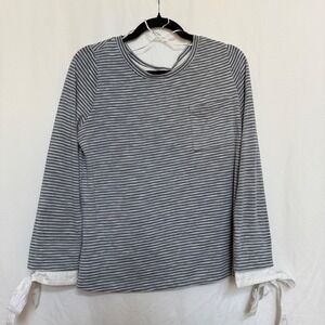 Skies Are Blue Grey White Striped Tie Cuff Long Sleeve Top M Casual Officewear